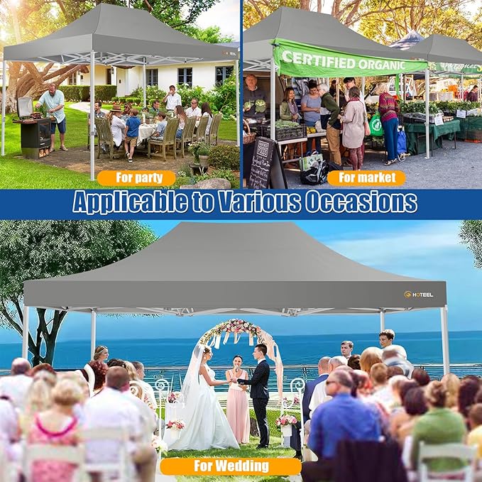 HOTEEL 10x15 Pop up Canopy Tent for Parties, Heavy Duty Easy Setup Tent Without Sidewalls, Outdoor Commercial Instant Gazebo for Wedding Event, with Roller Bag & Sand Bags, Grey(Hexagonal Frame)