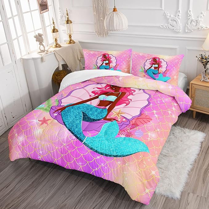 Datura home Bedding Comforter Set Black Girl Magic Mermaid Printed Pattern Quilt with 1 and 2 Pillowcases for Girls Bedroom All Season(Black Pink Full) Full 80x90inches