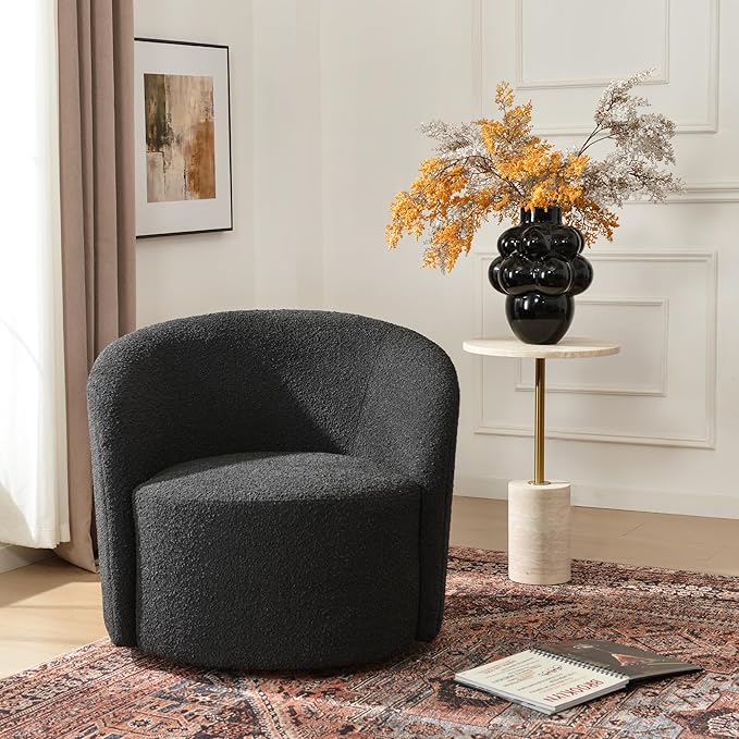 KINWELL 34" W Mid Century Modern Swivel Barrel Chair, Round Upholstered Boucle Swivel Accent Chairs, No Assembly Sofa Chair for Living Room Bedroom Reading Apartment Lounge Nursery(Black)