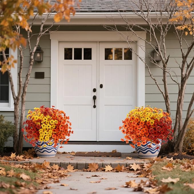 12 Bundles Artificial Fall Flowers Faux Mums for Outdoor Indoor, Artificial Plants Daisy Faux Plants Fake Mums for Fall Decor Pots Patio Garden Porch Autumn (Orange，Brown，Yellow) (12)