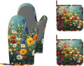 Vintage Oil Painting Flower Field Oven Mitts and Pot Holders (4PCS),Heat Resistant Non-Slip Silicone Kitchen Gloves for Cooking, Baking, BBQ Waterproof Kitchen Accessories