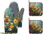 Vintage Oil Painting Flower Field Oven Mitts and Pot Holders (4PCS),Heat Resistant Non-Slip Silicone Kitchen Gloves for Cooking, Baking, BBQ Waterproof Kitchen Accessories