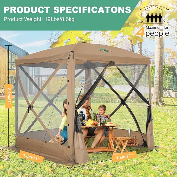 COBIZI 6x6 Pop up Gazebo Tent, Ez up Waterproof Screen Tent Screen House, Portable Outdoor Canopy Sun Shelter with Carry Bag & Ground Stakes for Camping, Garden and Picnics, Khaki(Upgraded 2.0)