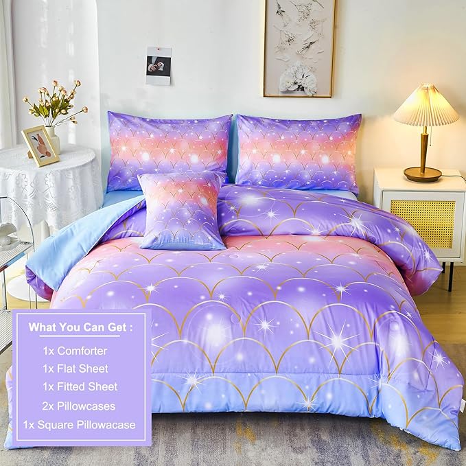 PERFEMET Full Size Mermaid Comforter Sets 6 Pieces Purple Ombre Girls Bedding Sets Tie Dye Rainbow Glitter Bed in A Bag for Kids Teens Girls Women