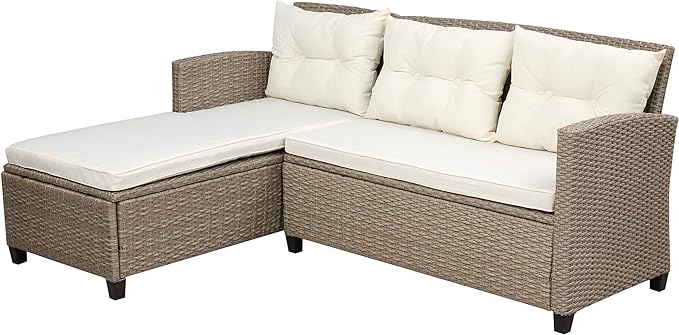 4-Piece Outdoor Rattan Sofa Sets, Patio Furniture Conversation Sectional Couch with Chaise Lounge, Single Sofachair, Seat Cushions and Glass Table, for Garden Backyard Deck, Onesize, Beige