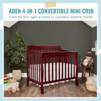 Aden 4-in-1 Convertible Mini Crib In Cherry, Greenguard Gold Certified, Non-Toxic Finish, New Zealand Pinewood, With 3 Mattress Height Settings