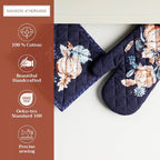 Maison d' Hermine 100% Cotton Oven Mitt & Pot Holder Set (7.5"x13" & 8"x8") | Heat Resistant BBQ Cooking Gloves with Loop Baking Grilling Kitchen Home Farmhouse Thanksgiving Christmas - Pumpkin Blues