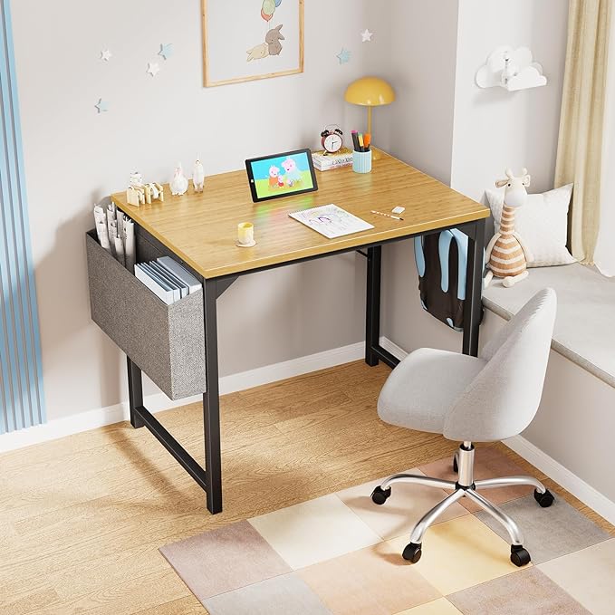 OLIXIS Computer Small Desk 32 Inch Home Office Writing Study Work Storage Bag Headphone Hooks Simple Wood Kids Student Table, Modern Nature