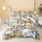 Kawaii Cat Comforter King Size,Cute Cat Comforter Set for Kids Teens Girls,3Pcs Bedding Set Printed Comforter with 2 Pillowcases,Down Alternative,Soft and Lightweight，King Size
