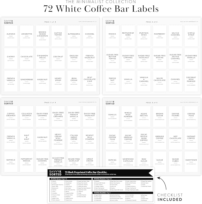 SAVVY & SORTED Coffee Bar Essentials Labels Stickers | 72 Coffee Syrup Labels Coffee Station Organizer