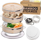 Bamboo Steamer 10 Inch - Dumpling Steamer Basket 2 Tier, Bamboo Steamers For Cooking Dumplings, Bao Bun, Dim Sum, Rice Potsticker & Veggie Food Steaming Basket with Steel Rims, Handles & Accessories