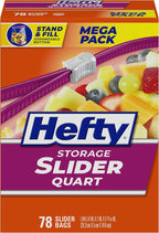 Hefty Slider Storage Bags, Quart Size, 78 Count | Bulk Pack, Quart Storage Bags for Food, Snacks, Toiletries, and More, Writable Label, Stand and Fill, Secure Slider Closure