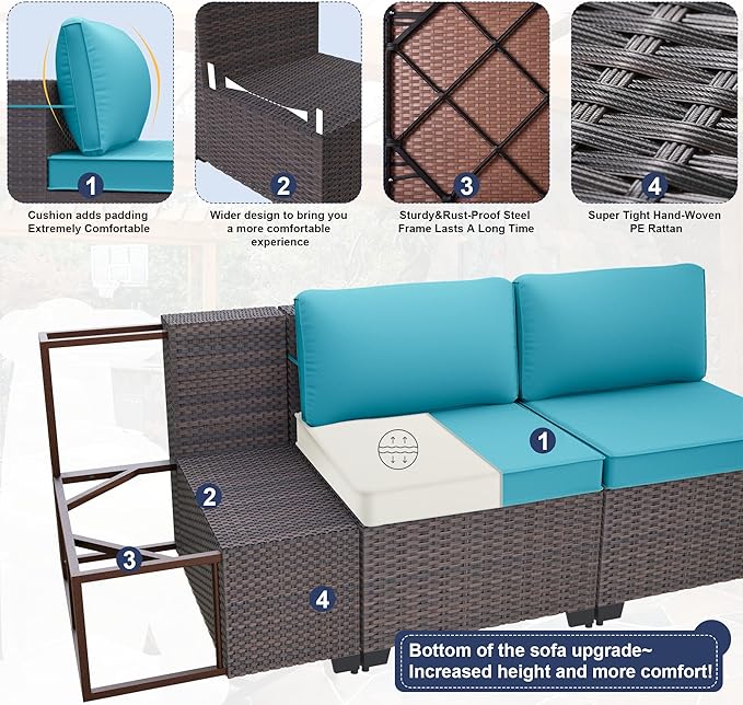Patio Furniture Set with Fire Pit Table 8 PCS Outdoor Sectional Furniture Outdoor Rattan Patio Conversation Sets with 43in 55,000 BTU Propane Gas Fire Pit Table Glass Table, Blue