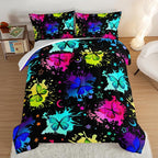 HOSIMA Colorful Butterfly Comforter Set for College Girls and Boys Full Size Bed in a Bag Set,3Pcs Bedding Set Colorful Ink Print Comforter with 2 Pillowcases,Star Moon Black Comforter.