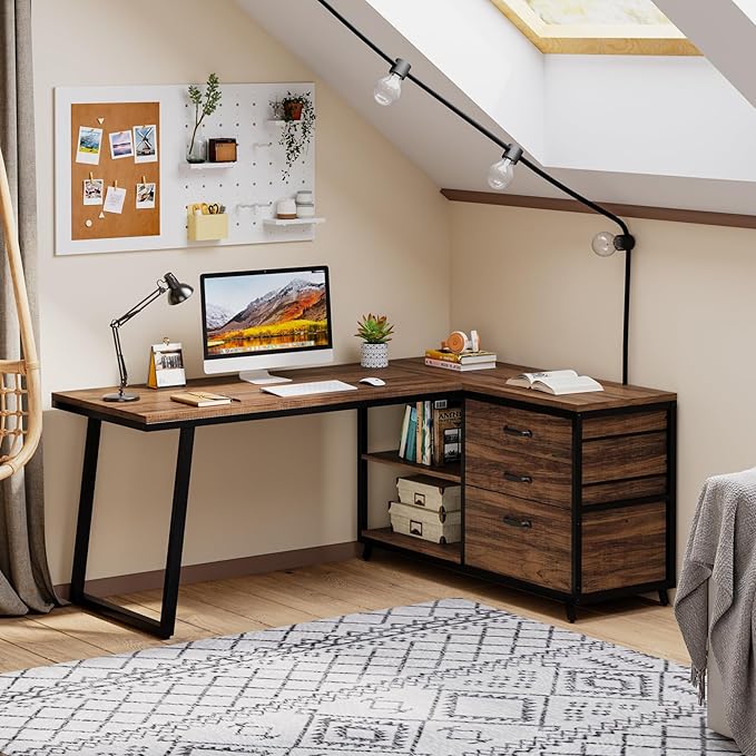 Reversible 53-inch L Shaped Desk with 3 Drawer, Farmhouse Corner Desk Gaming Table with Shelves and File Cabinet for Letter Size & Legal Size File for Home Office and Small Space