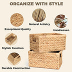 Set of 2 Wicker Shelf Storage Baskets for Organizing - Natural Durable Water Hyacinth Woven Basket Pantry Bin Organizers for Shelves with Handles for Home & Decor Organization, 12.5” x 8” x 6.5”