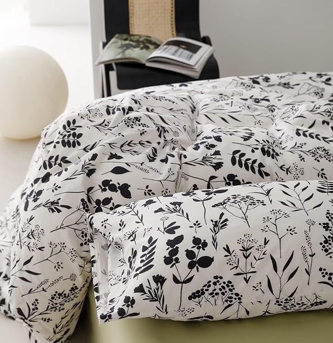 Botanical Comforter Set King White and Black Floral Plant Bedding Comforter Set Girls Garden Pattern Printed on White Blanket Rustic Leaf Blossom Women White Farmhouse Comforter King