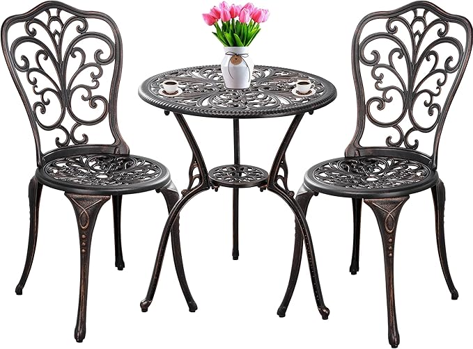 Outdoor Bistro Set 3 Piece Patio Bistro Set with Umbrella Hole, Weather Resistant Bistro Table and Chairs Set of 2 for Porch Garden, Bronze