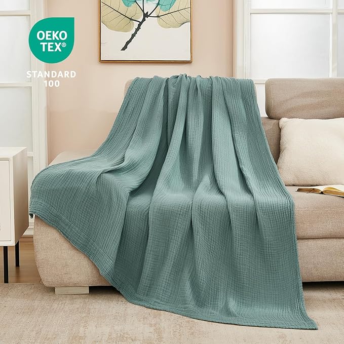 EMME Muslin Throw Blanket 100% Cotton Blankets for Couch Breathable Gauze All Season Soft and Lightweight Pre-Washed (Teal, 50"x70")