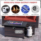 Patio Furniture Sectional Sofa 10 Pieces PE Rattan Patio Conversation Set w/43in Gas Fire Pit Table, Outdoor Furniture with 55000 BTU Propane Fire Pit, Red