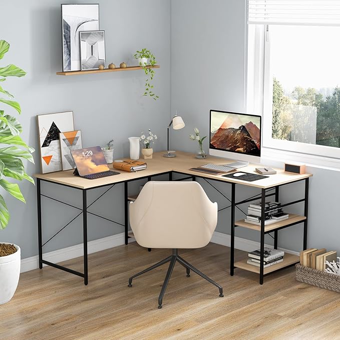 L-Shaped Home Office Desk, Corner Computer Desk w/Monitor Stand, Reversible PC Desk w/Heavy-Duty Metal Frame, Long Office Desk for 2 Person, Space-Saving Design (Natural)