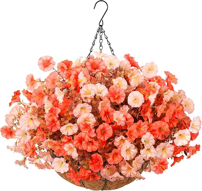 Artificial Fall Flowers Fake Hanging Plants Flowers Basket for Outdoors Autumn Decoration, Silk Morning Glory with Eucalyptus Look Real UV Resistant Faux Flowers for Outside Porch Patio Balcony, Mix