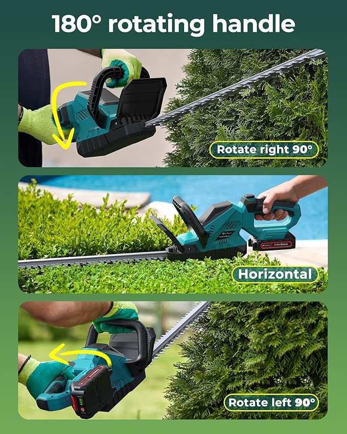 20'' Hedge Trimmer Cordless with Battery, Electric Handheld Bush Clipper with 2 Pack Rechargeable Batteries, 3000RPM 180° Rotatable Head, 2/3'' Blade Gap