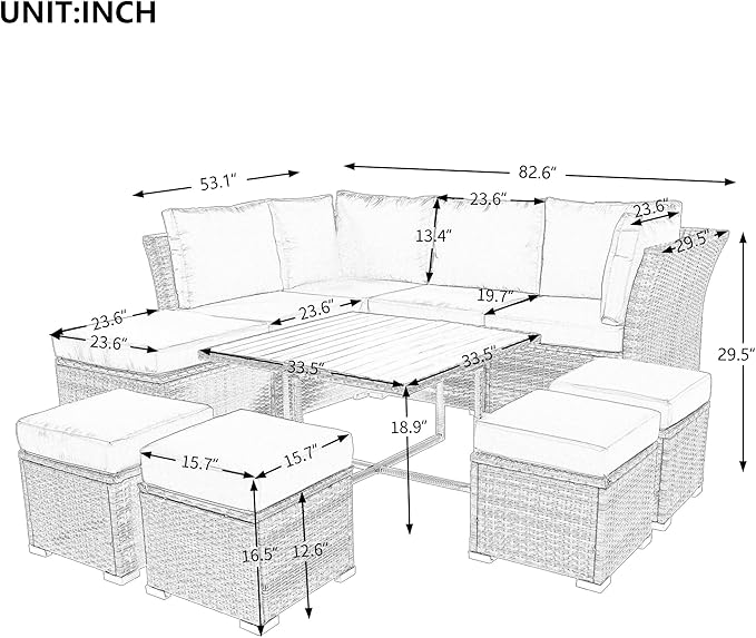 9-Pieces Outdoor Rattan Sectional Sofa Set, Wicker Patio Conversation Furniture with L-shape Couch&Storage Ottomans, Acacia Wood Coffee Table, for Garden Yard, Grey Wicker&Grey Cushion