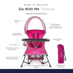 Baby Delight Go with Me Venture Portable Chair | Indoor and Outdoor | Sun Canopy | 3 Child Growth Stages | Pink
