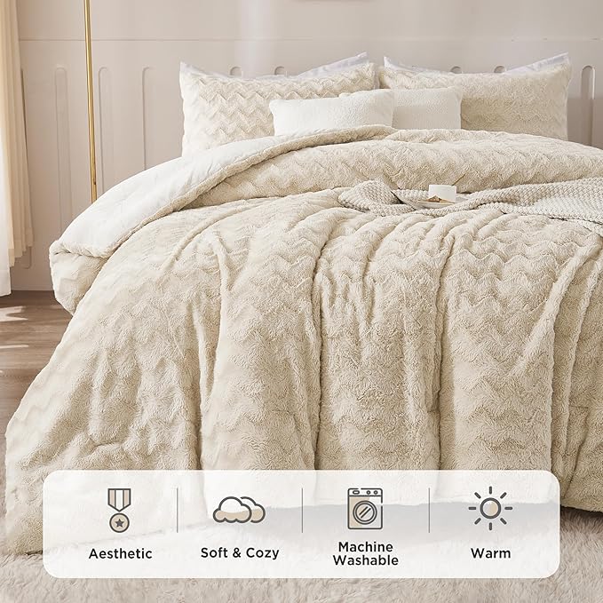 Andency Fleece Beige Comforter Set King, 3 Pieces Fuzzy Plush Faux Fur Bedding Comforter, Fluffy Shaggy Warm Sherpa Bed Set for Winter (104x90Inch Comforter)