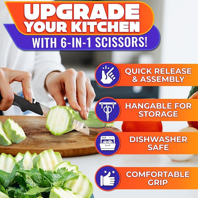 7-in-1 Cutting Board Scissors for Food with Ribbed Blades & Chopping Board | Heavy Duty Vegetable Scissors Food Cutter, Spring Assist, Safety Lock, Dishwasher Safe, Suitable for Meat & Vegetables