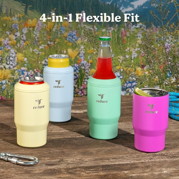 Reduce 4-in-1 Drink Cooler - Versatile Can & Bottle Holder with Vacuum Insulation - Keeps Drinks Cold Up to 4 Hours - Includes Bottle Opener - Fits Cupholders & Dishwasher Safe - 14oz - Black
