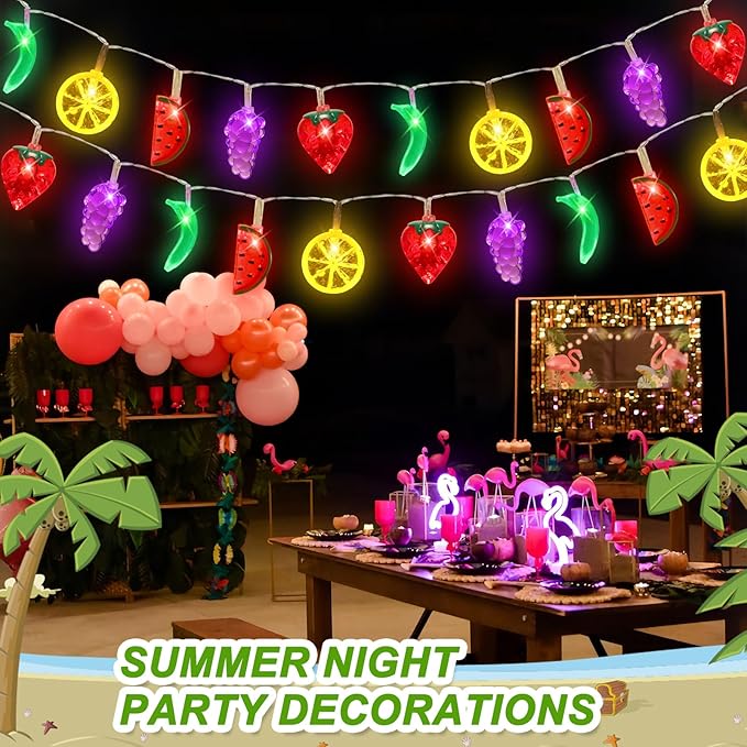 Couah [ 8 Modes & Timer ] 30 LED 16 Ft Summer Tropical String Lights Strawberry Grape Watermelon Lemon Banana Fairy Lights Battery Operated for Tropical Party Pool Beach Summer Decorations