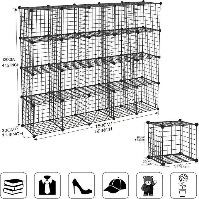 TUMUCUTE Wire Cube Storage Organizer, Metal Storage Shelves Bookshelf, Stackable Modular Closet Organizer for Bedroom Living Room, Office,Storage Shelves (20 Cubes, Iron)