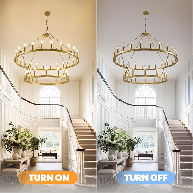 47 Inch Gold Wagon Wheel Chandelier,2 Tier 36-Lights Farmhouse Chandelier for Living Room,Round Rustic Dining Room Light Fixture,Extra Large Foyer Chandeliers for High Ceilings,for Staircase,Entryway