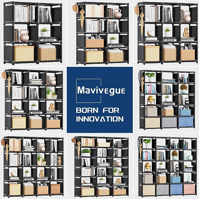 Mavivegue Book Shelf, 12 Cube Storage Organizer, DIY Bookcase, Metal Bookshelf,Tall Book case for Bedroom, Living Room,Office,Closet , Black Cubicle Rack