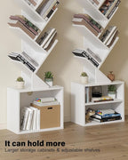 SUNMORY 6 Tier Tree Bookshelf, Tall Bookcase with Storage Cabinet, Modern Narrow Bookshelves Organizer, Floor Standing Book Shelf for Bedroom/Living Room/Home Office/Corner, White