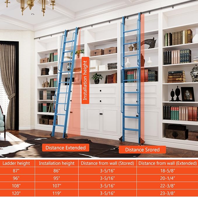 DIYHD 96" Rolling Library Ladder with Handrail, 4FT Sliding Rail, Blue | 8-Step lightweight ladder with space-saving upright storage, Telescopic top hooks, Locking bottom rollers, 300lbs capacity