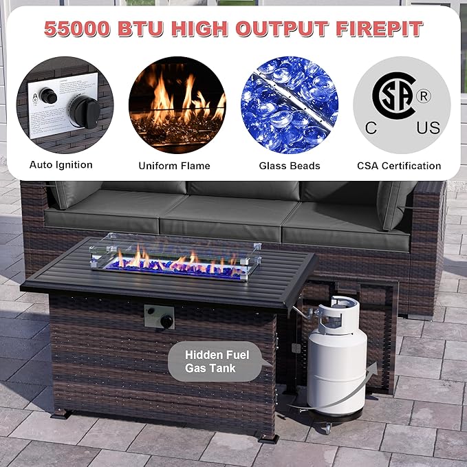 Patio Furniture Sectional Sofa Set 13-Pieces PE Rattan Swivel Rocking Chairs Patio Conversation Set w/43in Gas Fire Pit Table, Outdoor Furniture with 55000 BTU Propane Fire Pit, Grey