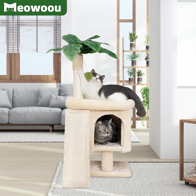 Meowoou Palm Cat Tree Tower for Indoor Cats with Cozy Cat Condo, 33'' Natural Sisal Scratching Posts and Plush Pom-pom for Small Kitty