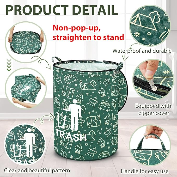 1 Pack Collapsible Trash Can Camping with Zippered Lid Foldable Storage Bin Portable Garbage Can for Outdoor Camping RV's Yard Waste (Trash Style)