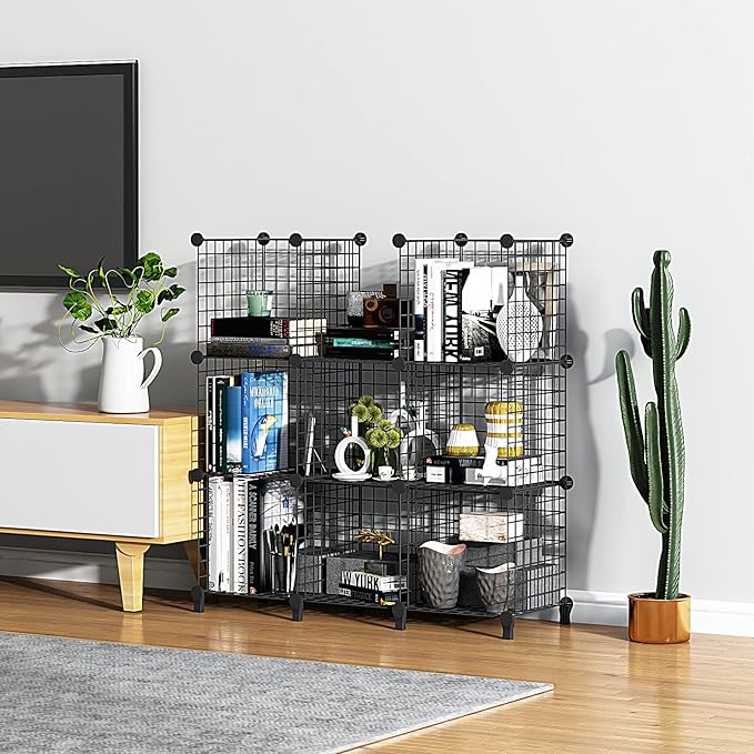 Wolizom Wire Cube Storage, Metal Grids Shelves Bookshelf, Stackable Modular Shelving Organizer, DIY Closet Bookcase Bookshelf, Grid Storage Shelf for Bedroom, Living Room, Office (Black, 8 Cube)