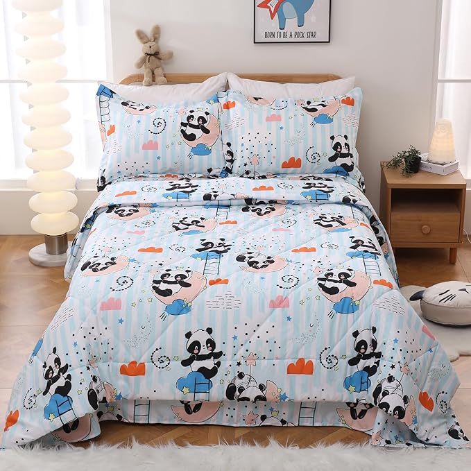 JSD Cute Panda Kids Comforter Set, 3 Pieces Queen Microfiber Comforter with Pillow Sham, Soft Comfortable Machine Washable