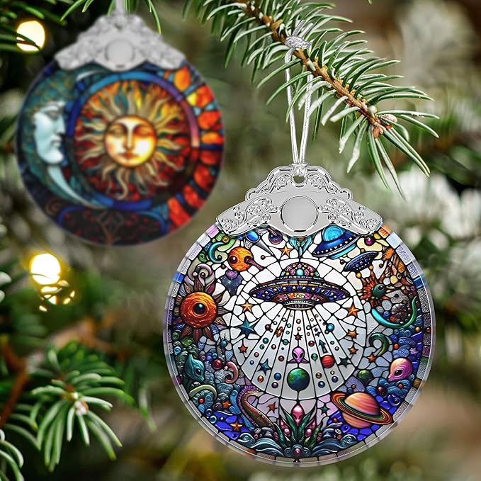 Stained Glass UFO and Alien Christmas Ornament - Holiday Home Decor - Tree Decoration - Gift Exchange Idea