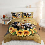 HOSIMA Farmhouse Animal Cow Comforter Western Bedding Sets Queen,Sunflower Comforter for Girls Boys Teens,Cow Print Bedding Room Decor,Floral Comforter Set with 2 Pillowcases.