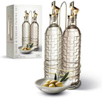 COOK WITH COLOR Glass Olive Oil Bottle Dispenser - 2 Pack- 17oz Oil and Vinegar Cruet - Olive Oil Carafe Decanter for Kitchen, Checkered, Brown