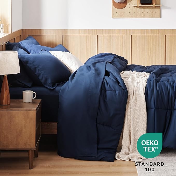 Bedsure Navy King Comforter Set - 7 Pieces Solid King Bed in a Bag, King Bed Set Navy with Quilted Warm Fluffy Comforters, Sheets, Pillowcases & Shams