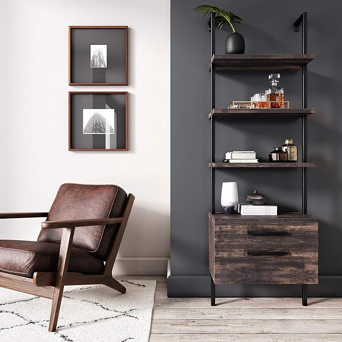 Nathan James Theo Industrial Bookshelf with Wood Drawers and Matte Steel Frame, 3-Shelf, Nutmeg/Black
