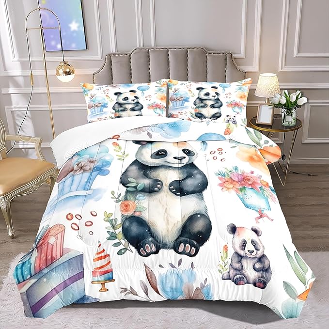 Panda Comforter Set Queen Size - Panda Bedding for Boys Girls Cute Panda Set Cartoon Pandas Print Comfort Queen Bedding Set for Kids Teens, 1 Comforter+2 Pillowcases