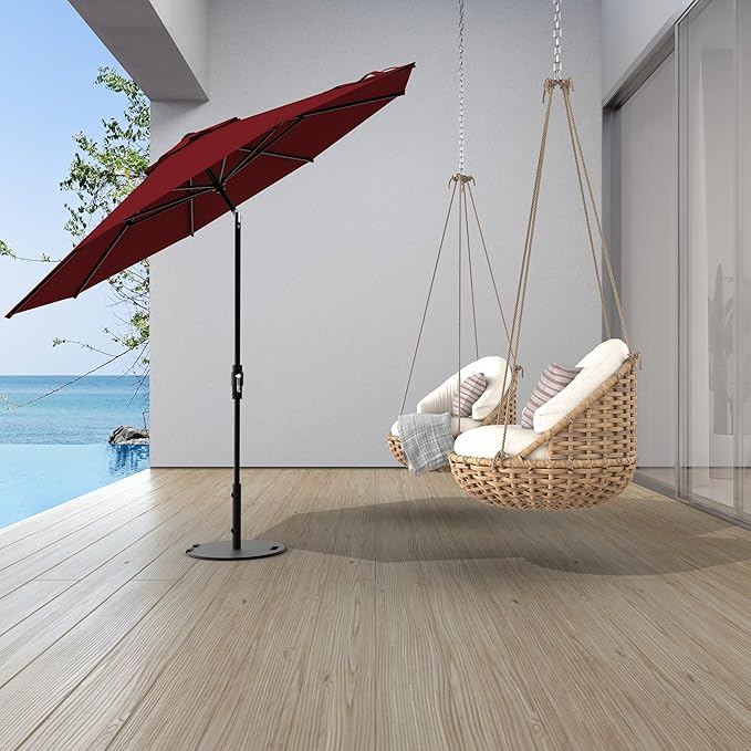 Midtown Umbrellas The Swilt 10 Feet Patio Umbrella in Sunbrella Burgundy Acrylic Fabric - Fiberglass Ribs, Auto-Tilt Aluminum Frame For Backyard, Deck, Garden, Pool - White Pole
